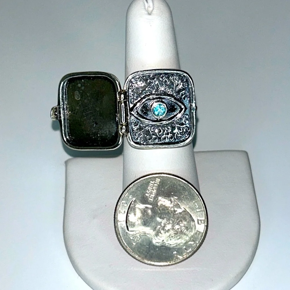NWOT Passage to Israel Sterling Silver Genuine Blue Topaz Evil Eye Locket Ring